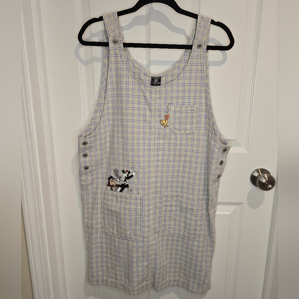 Vintage Plaid Sleeveless Jumper Dress with Embroidered Looney Tune Characters